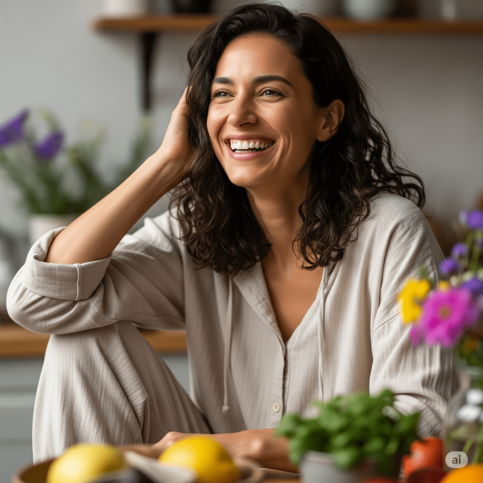 Mujer sonriendo disfrutando de un plato saludable de dieta antiinflamatoria