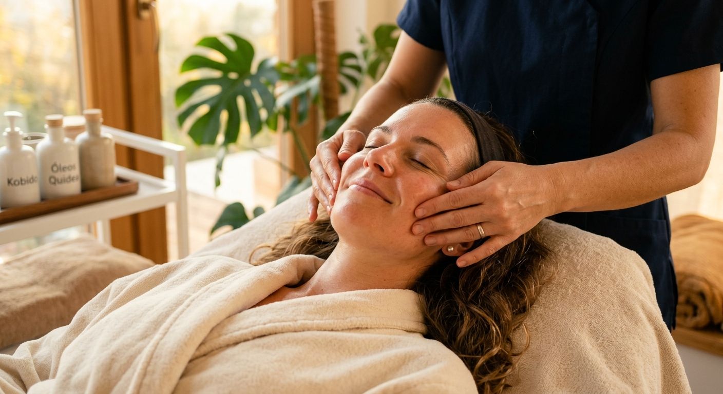 Especialista realizando técnicas de alisado y tonificación en el rostro durante una sesión de masaje facial Kobido.